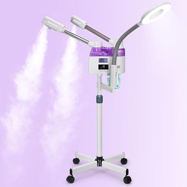 Facial Steamer, Professional 3 in 1 Facial Steamer with 5X Magnifying LED Lamp, Esthetician Steamer with Hot & Cold Mist, Face Steamer On Wheels for Salon Spa Beauty Skin Care