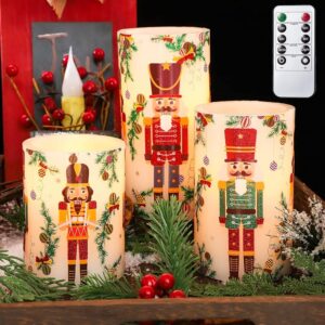 Flameless Christmas Candles Battery Operated, Realistic Flickering Flameless Candles with Timer & Remote, Holiday Led Pillar Candles for Holiday Decorations, Nutcracker