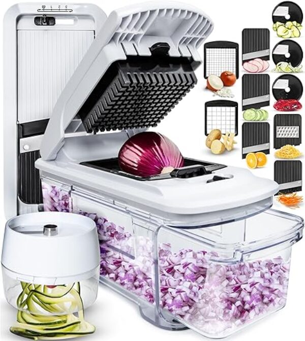 Fullstar All-in-1 Vegetable Chopper, Mandoline Slicer & Cheese Grater - French Fry Cutter & Veggie Dicer - Cheese Slicer - Includes Bonus Handheld Spiralizer (6 in 1, Black/White)