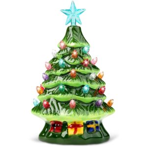 Joiedomi 7" Ceramic Christmas Tree with Gift Box, Mini Prelit Tabletop Christmas Tree with Multicolored Bulbs for Best Desk Decoration