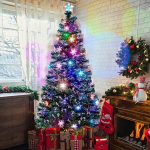 Juegoal 6 ft Pre-Lit Optical Fiber Christmas Artificial Tree, RGB Color Changing LED Lights, Snowflakes & Top Star, Fake Xmas Tree with Metal Legs