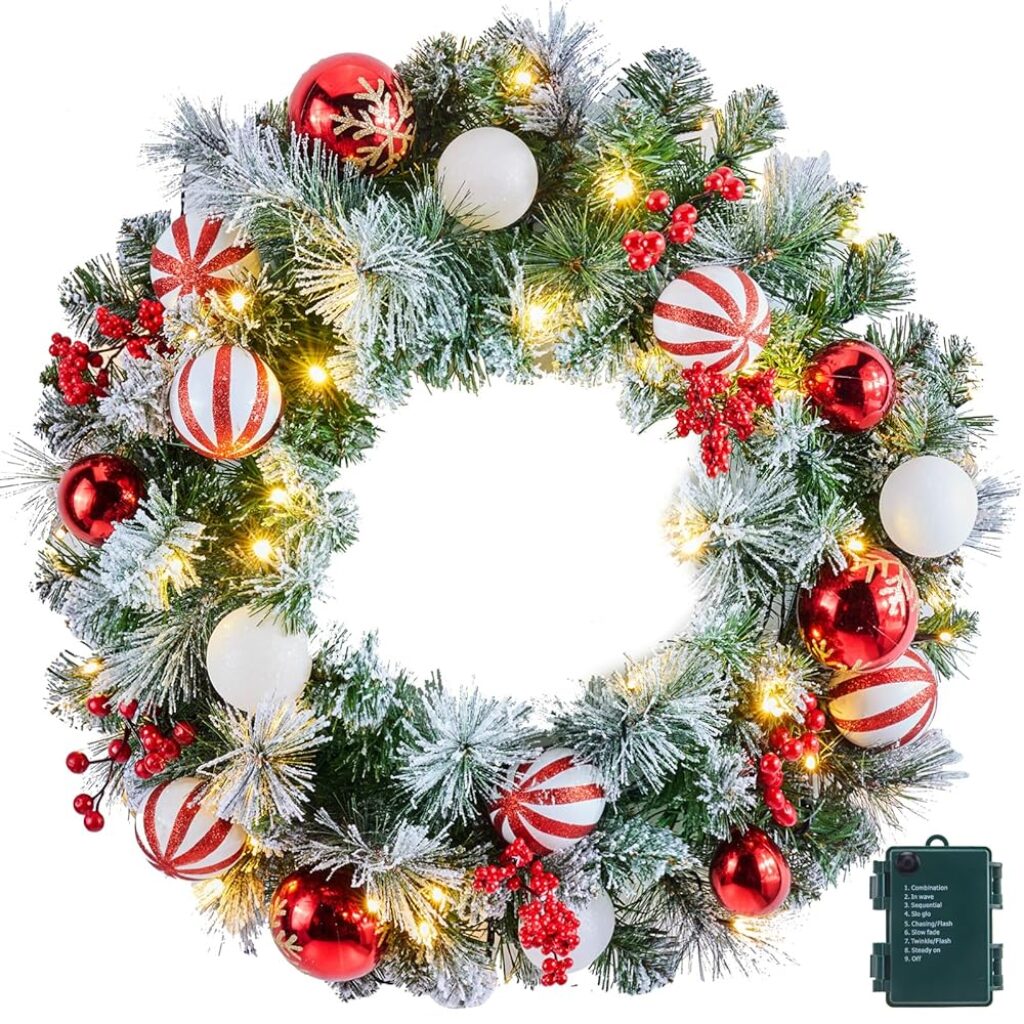 Pre-Lit Artificial Christmas Wreath 24Inch, Christmas Door Decorations Wreath with 50LED Warm Lights, Christmas Balls, Pine Needles, and Red Berries for Front Door Wall Windows...