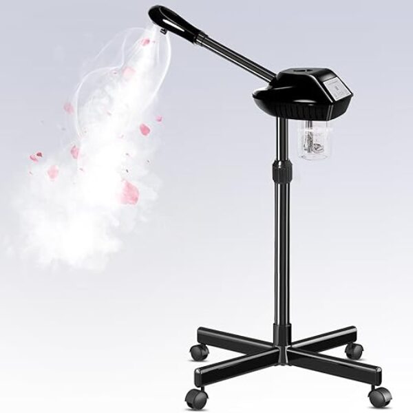 Professional Facial Steamer, Facial Steamer on Wheels, Ozone Face Steamer for Facial, Stand Facial Steamer Adjustable Height for Spa, Salon and at Home Use（Black）