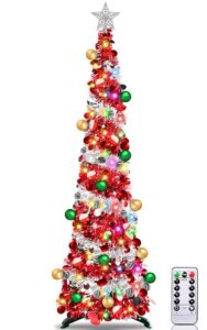 [ Remote Control & 8 Modes ] 6 Ft Lighted Slim Christmas Tree with Timer 100 Warm White & Multicolor Changing Lights Battery Powered Big 3D Star,Tinsel Pop Up Pencil Full Tree...