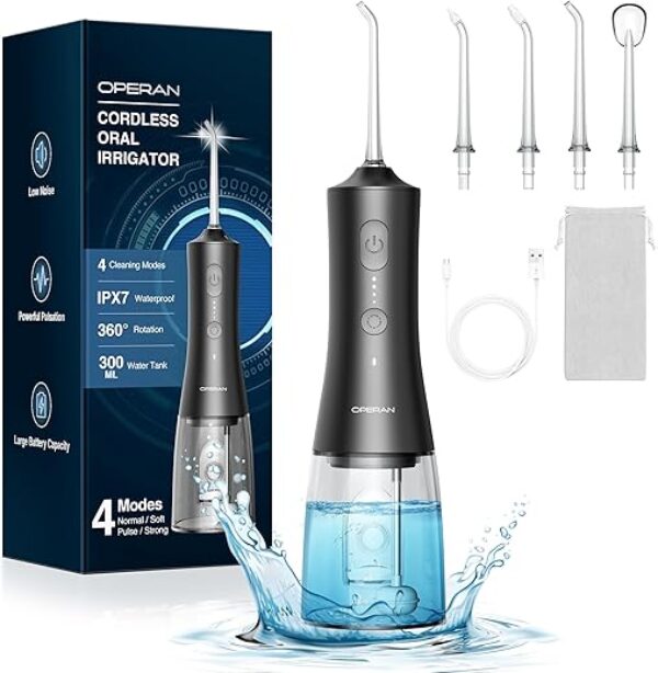 Operan Water Flossers for Teeth Cleaning Upgraded 300ml Cordless Water Dental Flossers Portable Rechargeable Oral Irrigator with 4 Modes 4 Jet Tips IPX7 Waterproof for Home Travel (Matte Black)