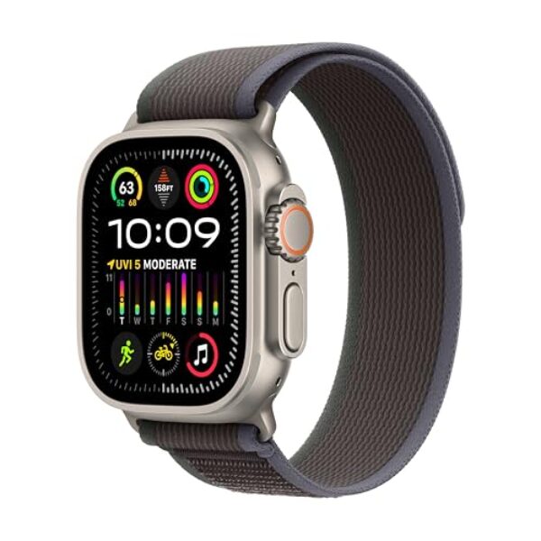 Apple Watch Ultra 2 [GPS + Cellular 49mm] Smartwatch with Rugged Titanium Case & Blue/Black Trail Loop S/M. Fitness Tracker, Precision GPS, Action Button, Extra-Long Battery Life, Carbon Neutral