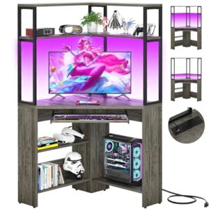 Cyclysio Small Corner Desk with Hutch, Heavy Duty Corner Computer Desk with Power Outlets & LED Light, Triangle Corner Gaming Desk with Keyboard Tray for Home Office, Small Space, Workstation Grey