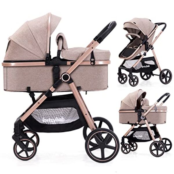 Lortsybab 2-in-1 Baby Stroller with Bassinet Mode - Folding Infant Newborn Pram Stroller with Reversible Seat - Toddler Strollers for 0-36 Months Old Babies (Beige)