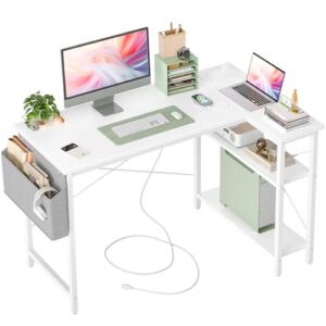 TIQLAB L Shaped Computer Desk with Power Outlets, 47 Inch Small Corner Desk with Reversible Shelves, Gaming Desk Computer Table Study Writing Desk for Home Office Small Space, White