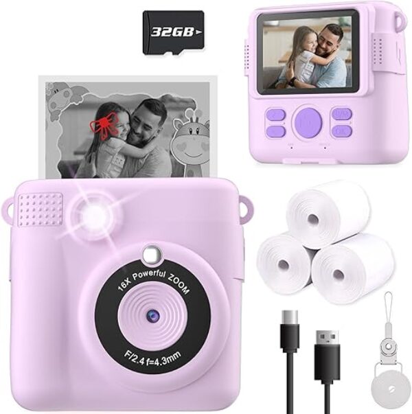 Instant Print Camera for Kids, Christmas Birthday Gifts for Girls Boys, HD Digital Video Cameras for Toddler, Portable Toy for 4 5 6 7 8 9 10 Year Old Girl with 32GB SD Card-Purple