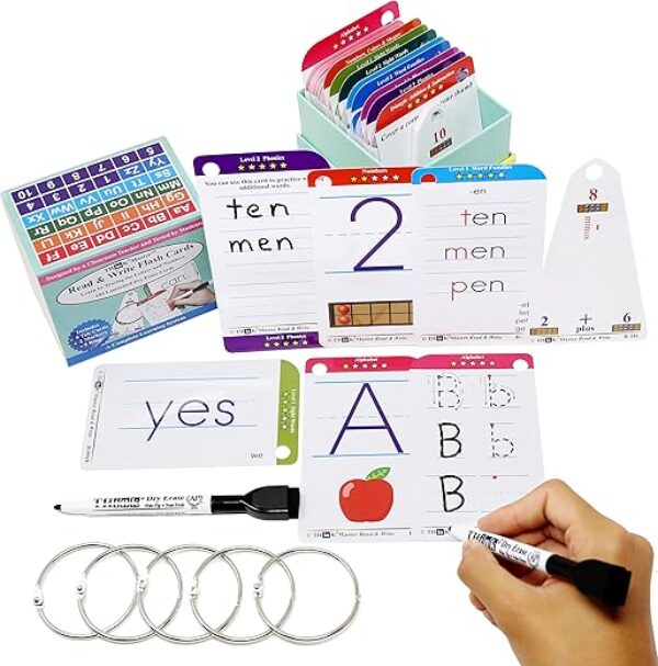 THINK2MASTER Premium 186 Laminated Alphabet, Sight Words & Phonics Flash Cards for Pre K & Kindergarten. (Bonus: 2 Dry Erase Markers, 5 Rings). Learn to Read, Write, Count, Add & Subtract Numbers.