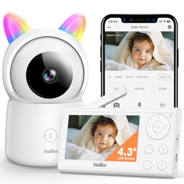 Baby Monitor, 4.3" Video Baby Monitor with 1080P Camera, Smart 2.4G WiFi Audio Monitor with Remote PTZ, Night Vision, 2-Way Talk, Sleep Mode, RGB Night Lights, Lullabies & 1000ft Range, APP Control