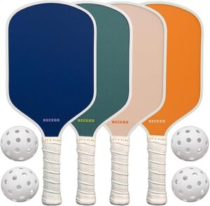 Recess Pickleball Starter Set of Premium Pickleball Paddles and Four (4) Pickle Balls - Lightweight, Honeycomb Core & Comfort Grip Handles - Perfect for Beginners