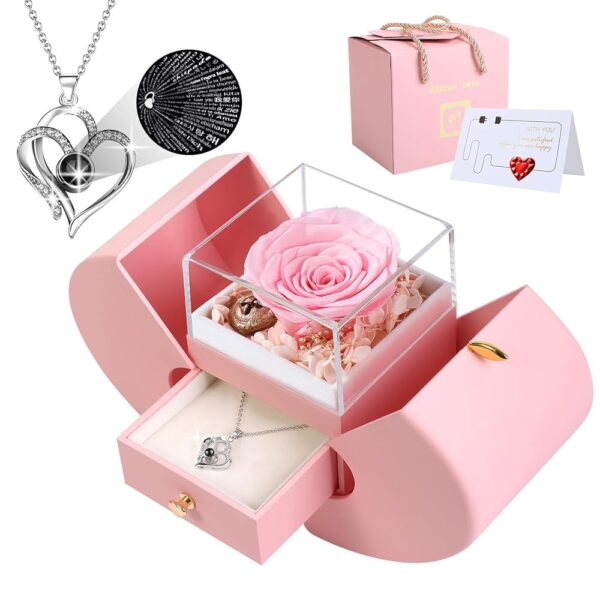 Pink Rose Box with 100 Languages Necklace